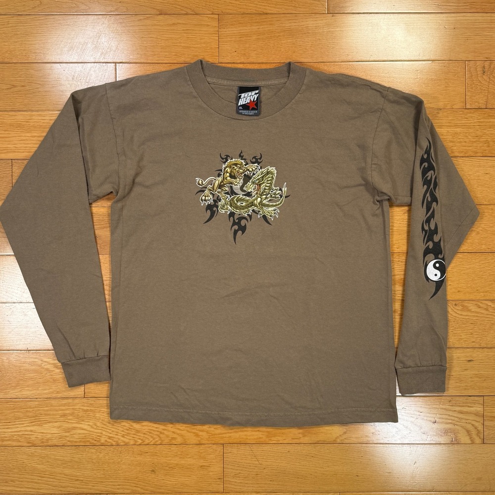 VTG Top Heavy XL Brown Dragon Lion Tribal Long Sleeve T-Shirt 2002 Y2K Grunge